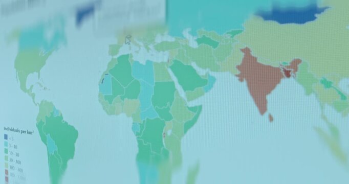 World map displaying the population density for each country