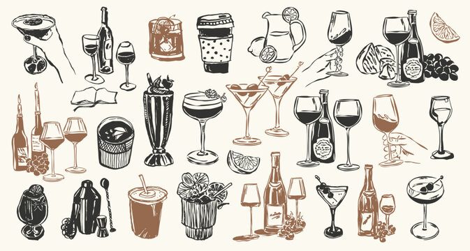 Whimsical sketch style cocktail and drinks vector illustration set. Art for postcards, greeting cards, menu, logo design, background.	