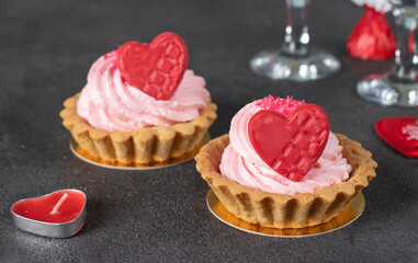 Homemade sand baskets with protein cream and chocolate hearts for Valentines Day