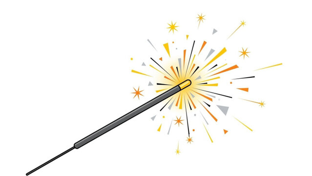 A sparkler emits vibrant yellow and orange sparks on a white background with celebration and party and festival