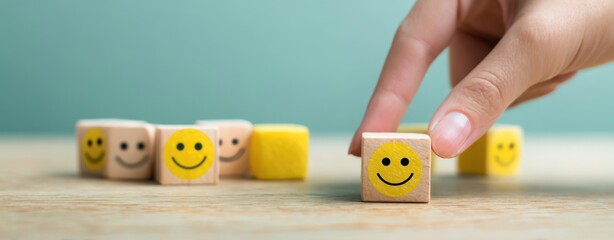 The smiley wooden block being picked by a hand to represent positive choice