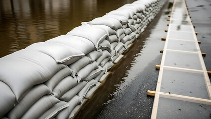 Fototapeta premium Detailed close-up view of protective sandbag barriers lining a submerged urban street during a major flood disaster with reflection on wet pavement surface and emergency evacuation pathway.