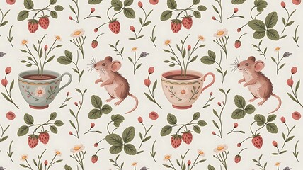 Whimsical mice in tea cups with flowers and strawberries
