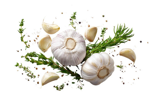 Fresh garlic bulbs and cloves with herbs isolated on transparent background