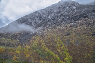 Autumn landscape in Norway with colorful foliage and fog on the mountainside