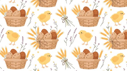 Adorable Easter pattern with chicks, eggs, and baskets
