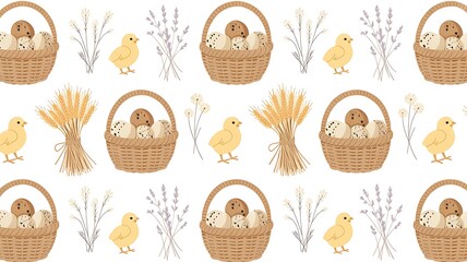 Adorable Easter pattern with baskets chicks and spring flowers