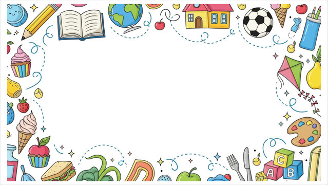 Colorful educational border with fun school icons and objects