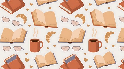 Cozy reading nook with books, coffee, and pastries pattern