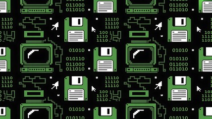 Vintage computer technology background with green and black pixel art