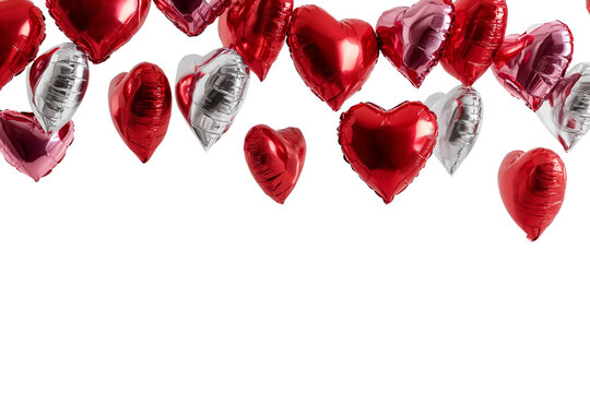Red and silver heart shaped balloons on transparent background for valentines day