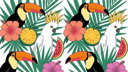 Vibrant tropical pattern with toucans, cockatoos, palm leaves, and exotic flowers
