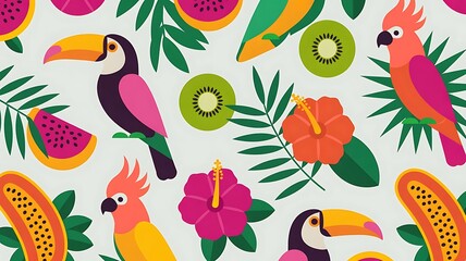 Vibrant tropical pattern with exotic birds and fruits