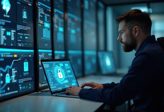 Cybersecurity Analyst Monitoring Data on Multiple Screens in a High-Tech Environment - Powered by Adobe