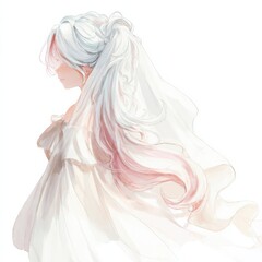 Fototapeta premium Soft watercolor illustration of a woman with long white and pink hair in side profile isolated on Transparent Background