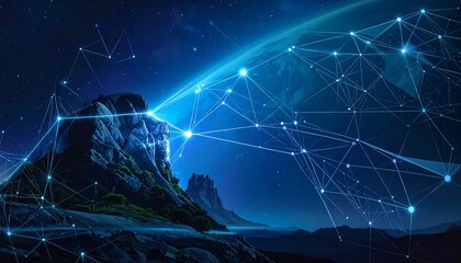 Interconnected Network Over Mountain Landscape - A Vision of Technological Advancement.