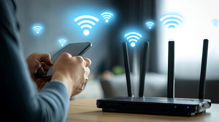 Person using smartphone to connect to wireless router, with glowing Wi-Fi signals emanating, illustrating modern technology and connectivity in a home environment