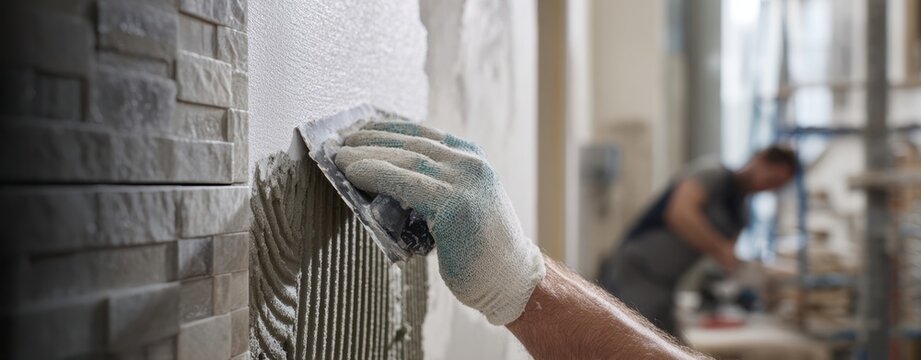 The tile installer's hand applying mortar to a stone wall during interior renovation work