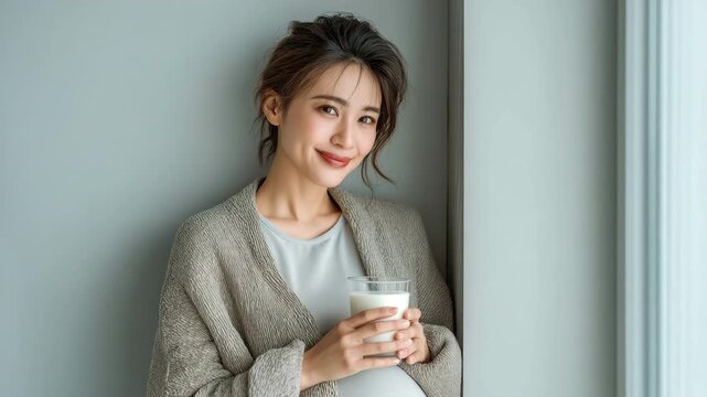 For prenatal wellness, an attractive Asian pregnant woman drinks a glass of milk.