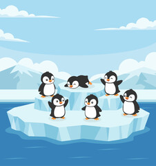 Obraz premium Cute Cartoon Penguins Group on Floating Iceberg Illustration