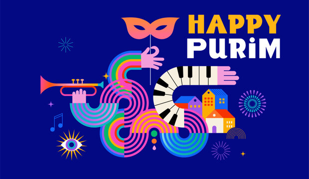 Happy Purim, poster with geometric carnival elements