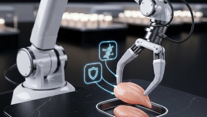 Automated Robotic Arm Harvesting Cultured Lab-Grown Chicken Filet in a High-Tech Sustainable Food Production Lab