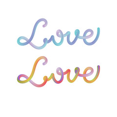 Colorful 3D gradient lettering spelling &ldquo;Love&rdquo; in smooth flowing script on white background, modern romantic vector illustration for Valentine&rsquo;s Day, branding, posters, and digital design.