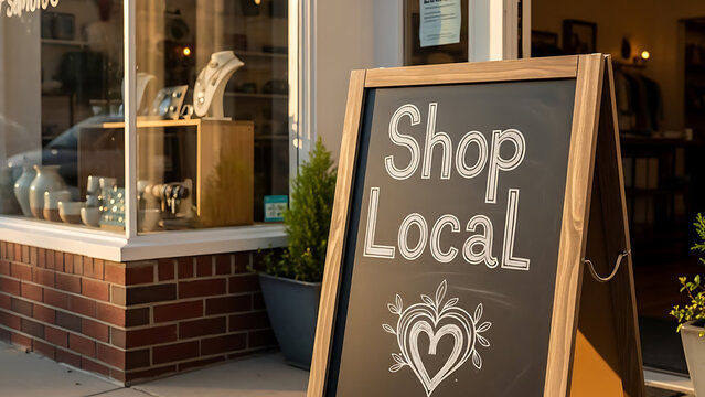 Rustic chalkboard easel sign featuring shop local text message standing on urban sidewalk outside independent boutique storefront promoting community commerce and small business economy