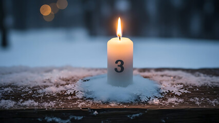 Luminous wax candle featuring digit three glowing on rustic snowy wood background symbolizing hope and anticipation during the traditional third advent week of the winter holiday season.
