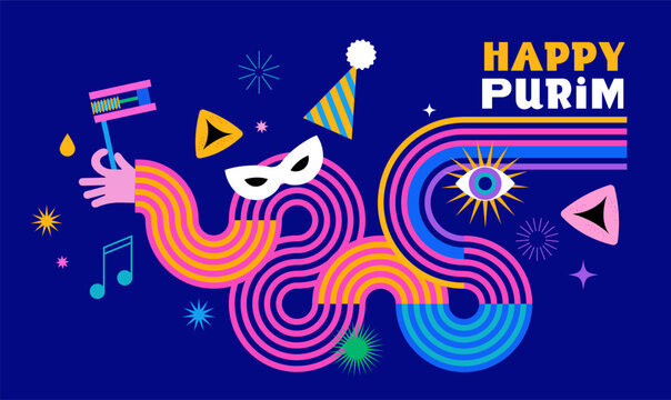 Happy Purim, poster with geometric carnival elements