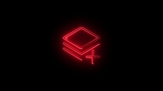 Glowing neon layer icon with plus sign and background for digital creative interface design.