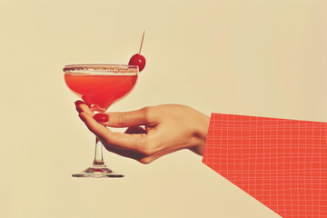Modern collage illustration of a female holding a cocktail drink. Party celebration design