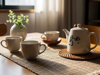 Fototapeta premium Minimal Japanese Tea Set with Calligraphy Teapot