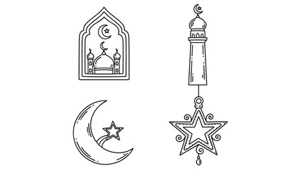 Fototapeta premium Islamic Holiday Symbols Line Art Set