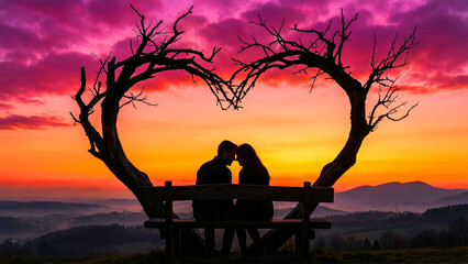 Obraz premium Romantic Silhouette of a Couple Seated on a Wooden Bench Framed by Heart-Shaped Tree Branches Against a Vibrant Purple and Orange Sunset Horizon