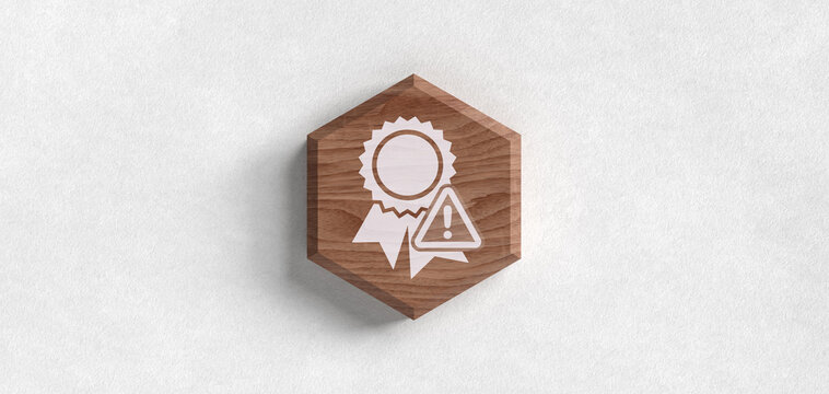 Header Warnung Qualit&auml;t Siegel Zertifikat Auszeichnung Pr&uuml;fung Garantie Urkunde Mangel Kontrolle Holz Sechseck Icon Symbol Grafik Illustration 3D Isoliert Hintergrund Wei&szlig; Zeichen
