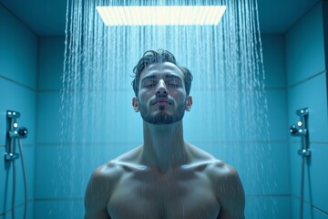 Futuristic Bathroom Experience: Handsome Youth Enjoying a Revitalizing Holographic Cold Shower with AI Mist and Robotic Water Jets