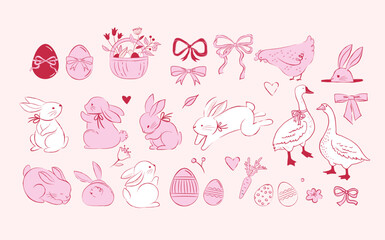 Cute vintage Easter rabbits and pink spring flowers illustrations. Hand drawn sketch style with pastel floral elements.