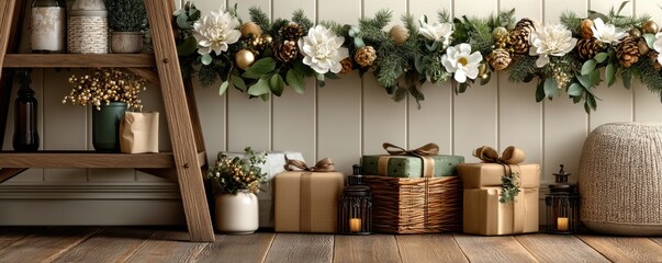 Ladder decorated with pine garland, gold ornaments, and gifts for a cozy Christmas home scene