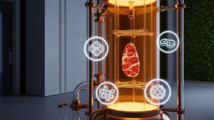 Luxurious Rose Gold Bioreactor Growing Marbled Cultured Beef in a Minimalist Future Food Atelier