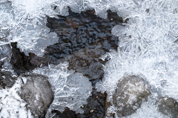 Frozen mountain stream in winter