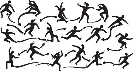 Silhouette of people running in various dynamic poses together