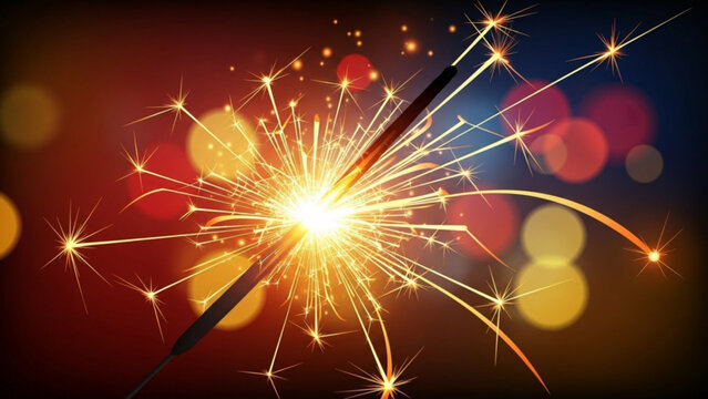 A bright sparkler emits vibrant golden sparks against a dark background with colorful bokeh lights with celebration