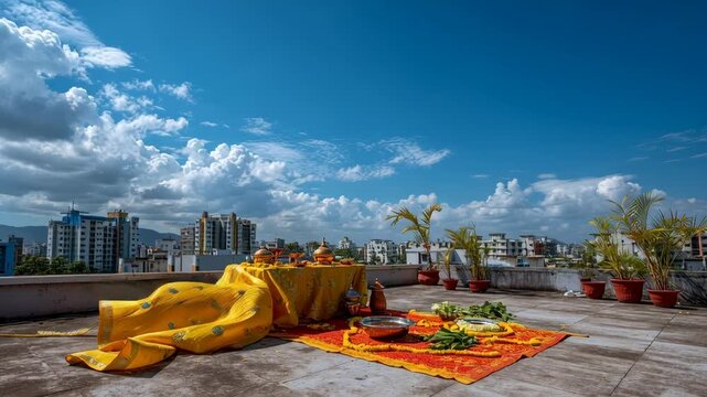 Traditional Chaitra Navratri Ritual Setup on a Rooftop with Decorative Offerings and Sacred Items in Bright Sunlight