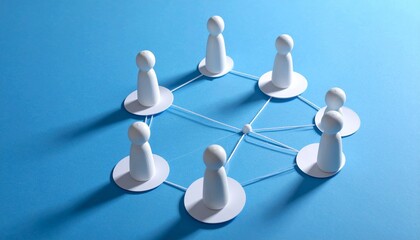 White human figurines connected by lines forming a network on blue background, teamwork and communication concept, minimalist composition, clean studio lighting, modern business metaphor