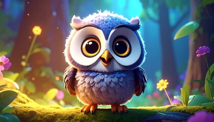 Obraz premium Adorable Owl Cartoon Character in Enchanted Forest Setting.