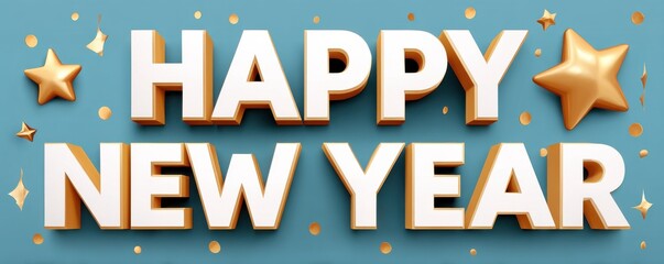 Happy New Year in gold 3D text on blue background with balloons and stars