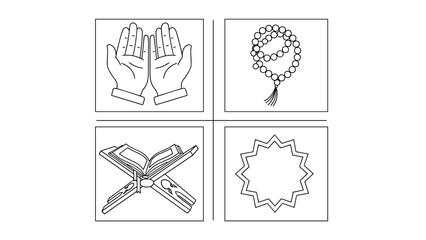 Islamic Religious Symbols Line Art Icon Set for Prayer and Devotion