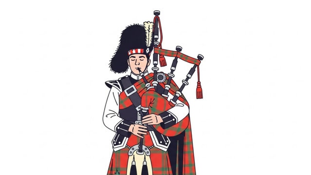  burn night Scottish bagpiper wearing traditional highland dress playing bagpipes with fur hat and red tartan kilt standing on white background