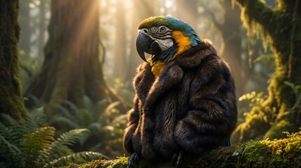 Parrot dressed in a luxurious fur coat, forest in the background